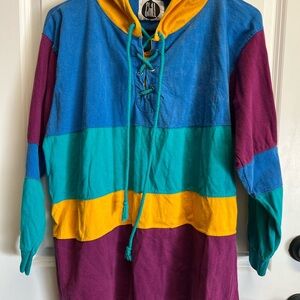 Colorful Hooded Pullover with Lace-Up Front